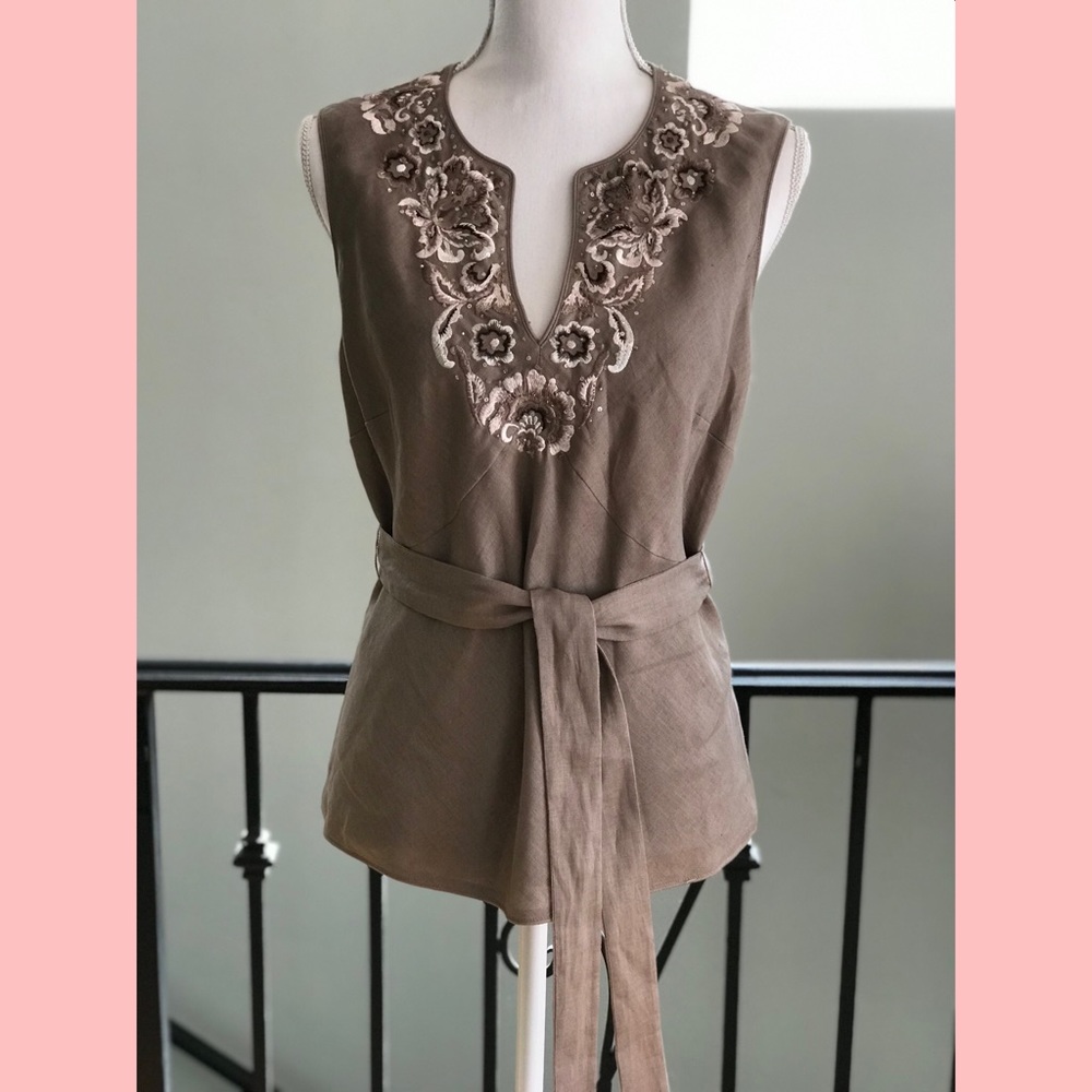 Lafayette 148 V-Neck New York Sleeveless Taupe Linen Top Size L or 12